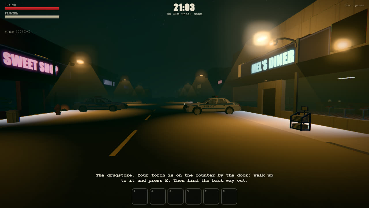 Main Street at night: neon Sweet Shop and Mel's Diner, police cars, misty lamp light