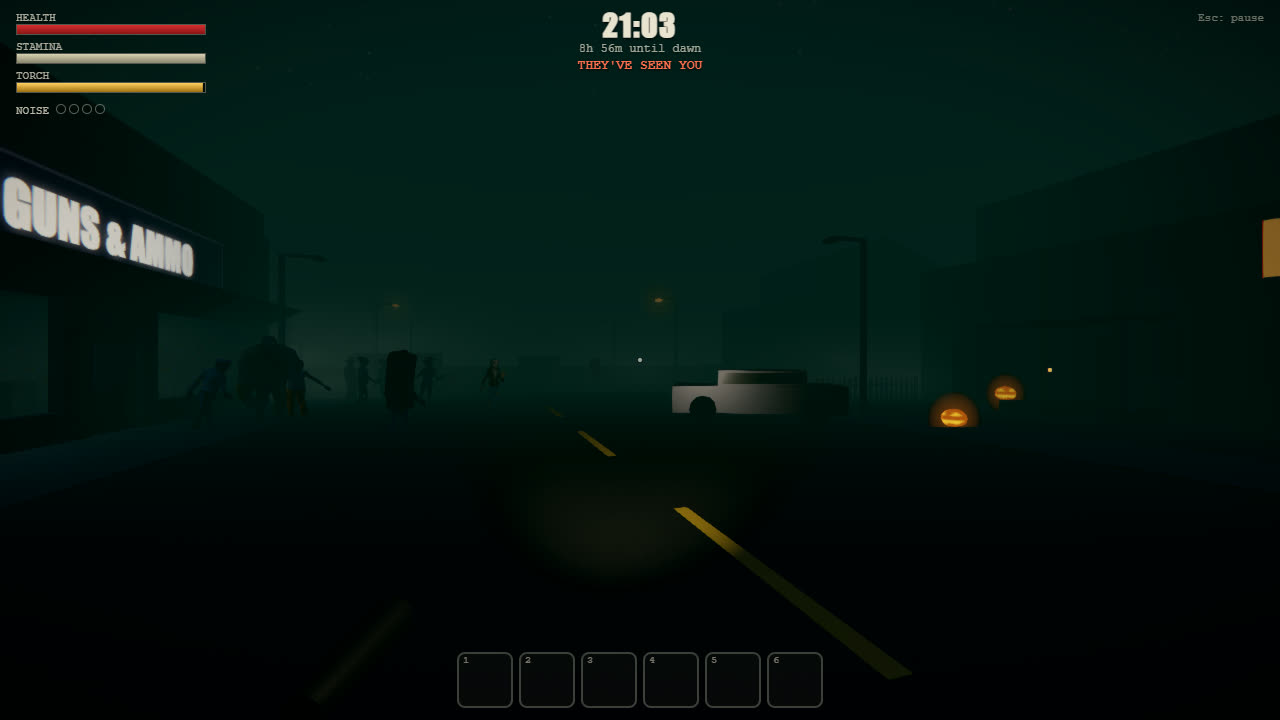 A crowd of zombies gathers outside Guns & Ammo, jack-o'-lanterns glowing nearby