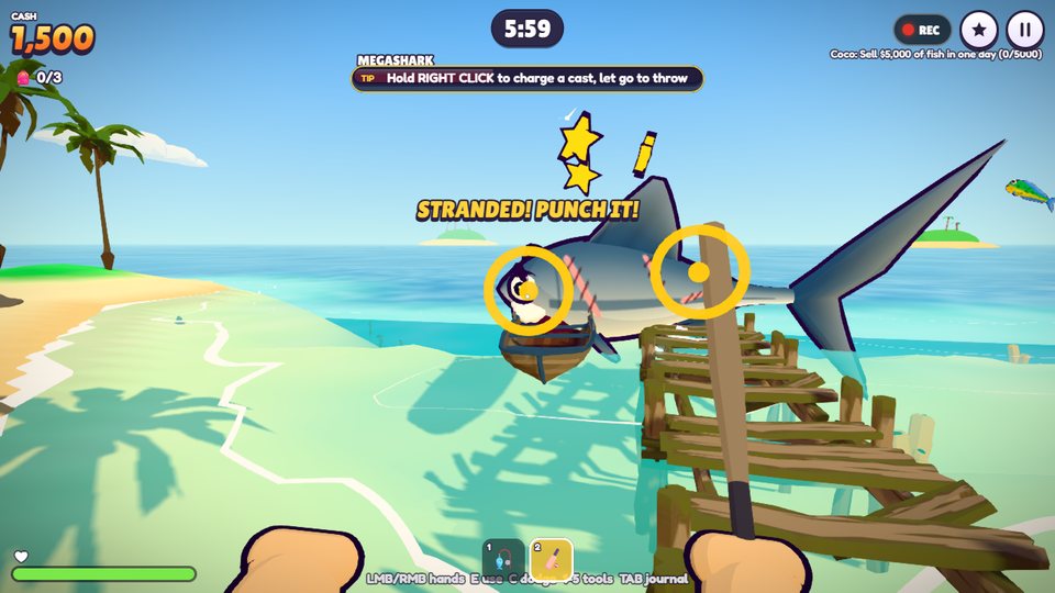 The Megashark stranded on the jetty with two gold weak points to punch, under a sunny tropical sky.