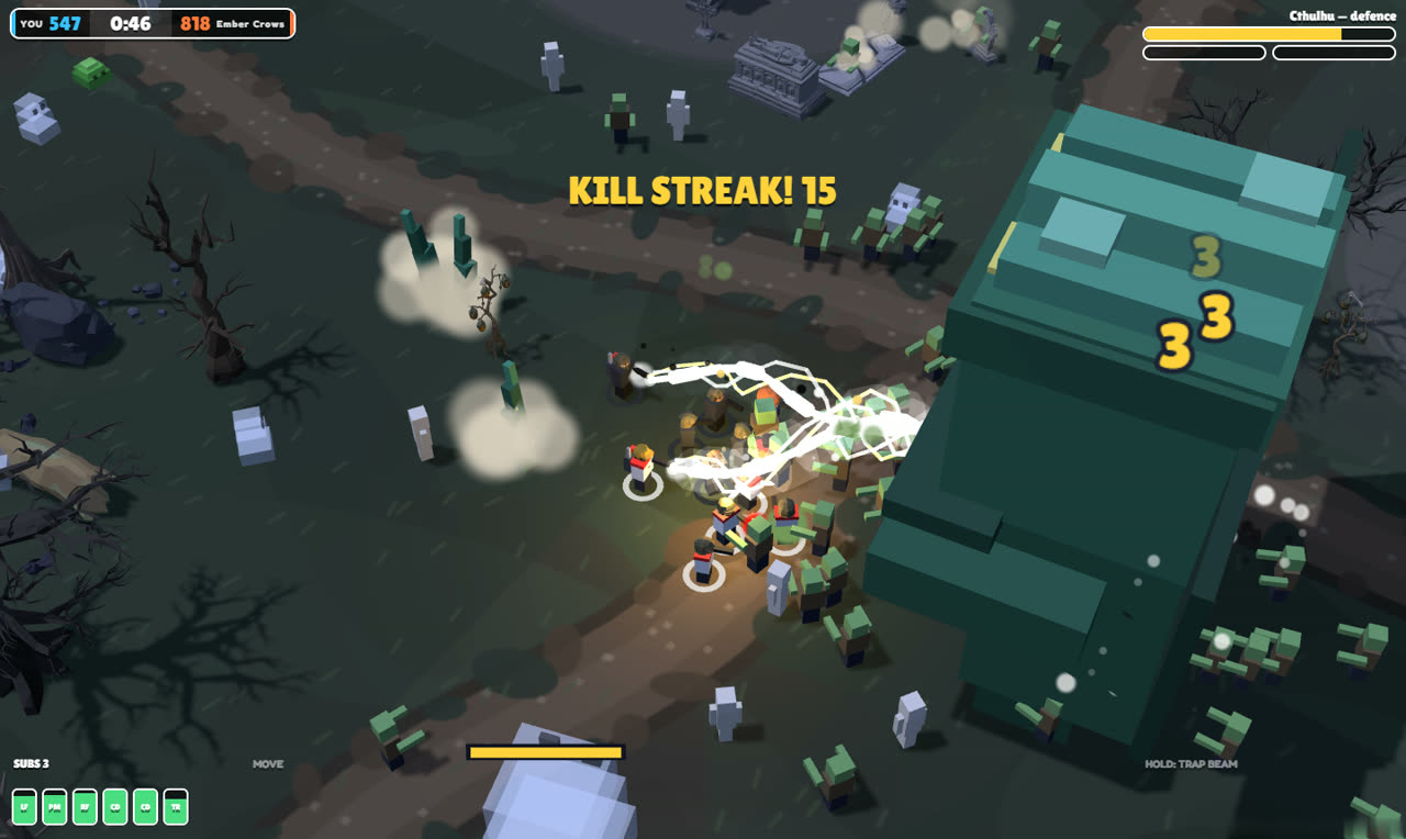 The squad fires a crackling trap beam at Cthulhu in a misty graveyard full of zombies