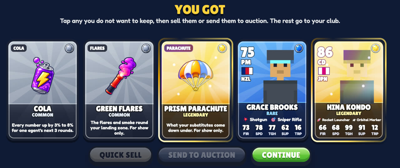 A card pack haul: items, a legendary parachute and two agent cards with stats