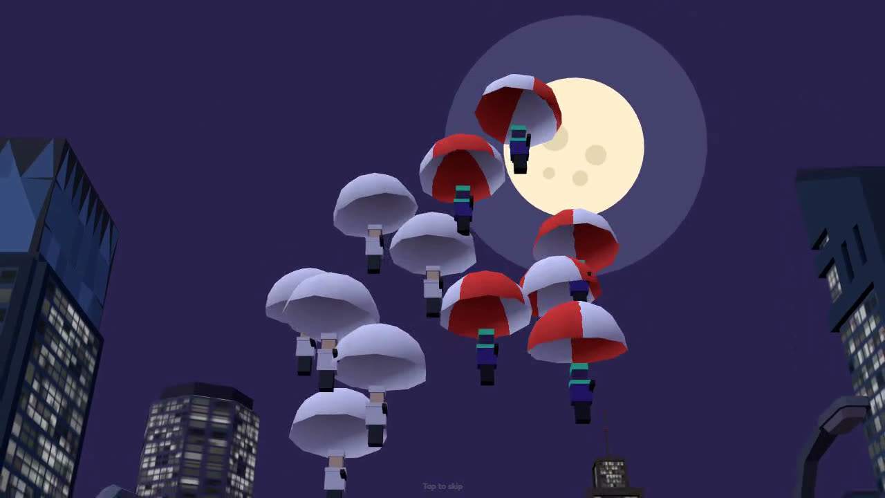 Two squads parachute into the city under a full moon