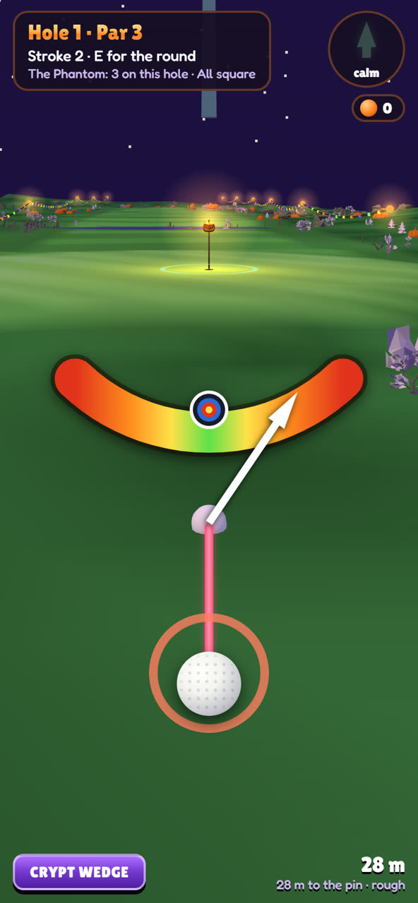 Timing a wedge shot: the needle sweeps the power band towards a jack-o'-lantern pin under a starry sky
