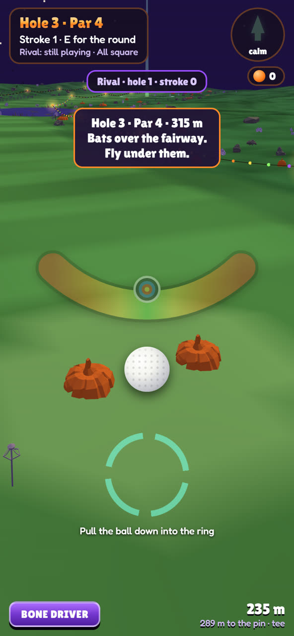 A live clash on hole 3, with bats over the fairway and the rival's progress shown at the top