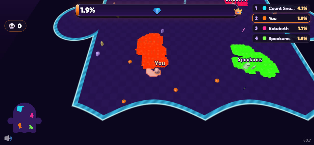 Early in a match: rival ghosts claim their first patches of the arena while the progress bar tracks your share