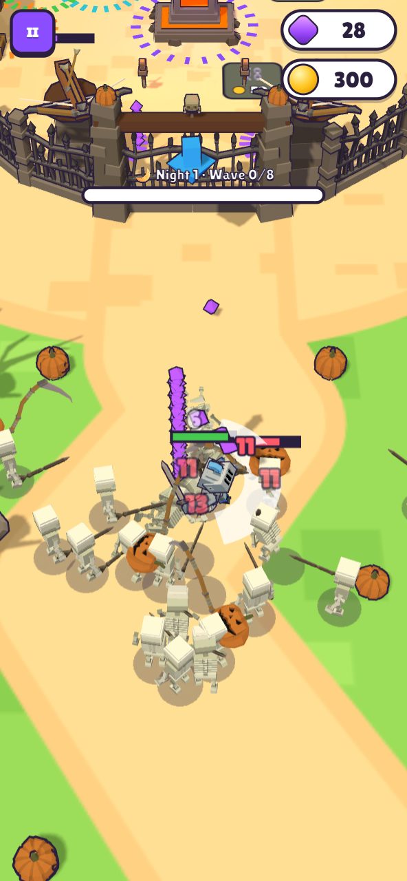 The knight hero swings his sword through a crowd of skeletons and pumpkinheads on the path outside the graveyard fort, with a tall stack of purple soul gems on his back.