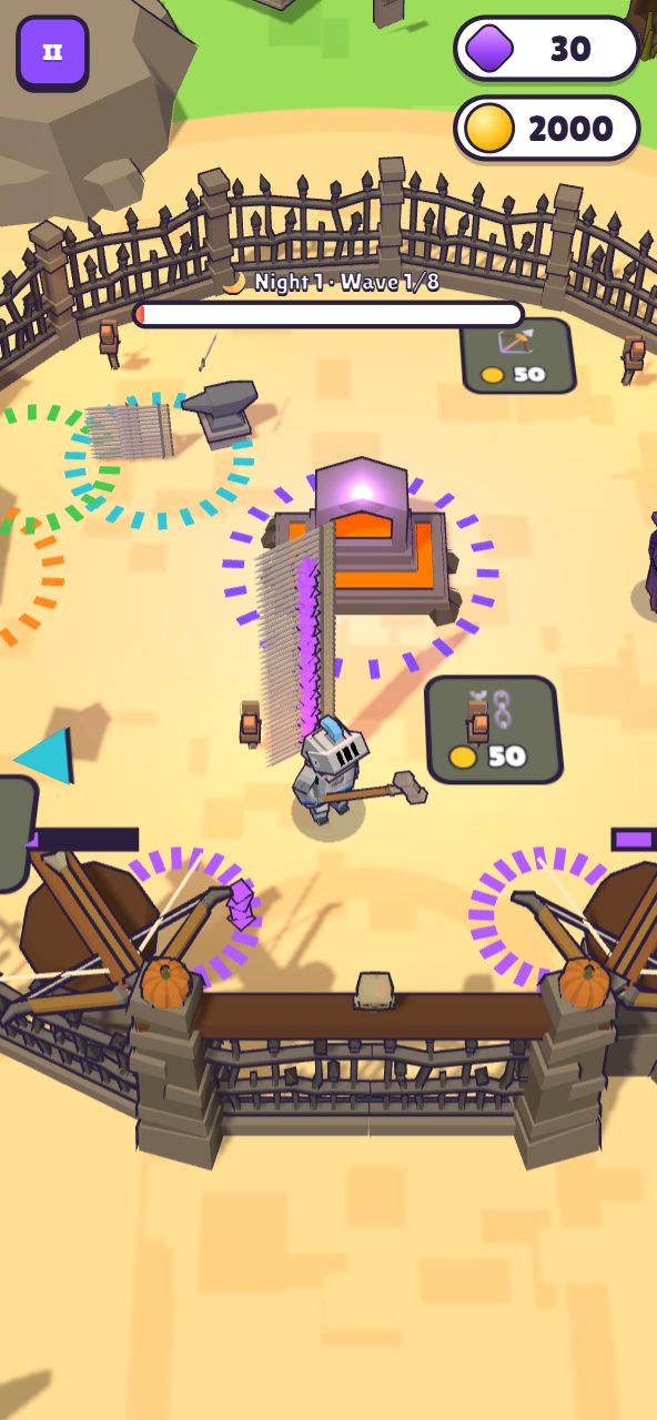 The knight stands beside the glowing soul forge carrying a towering stack of soul gems and forged swords on his back, with crossbow towers along the fence.