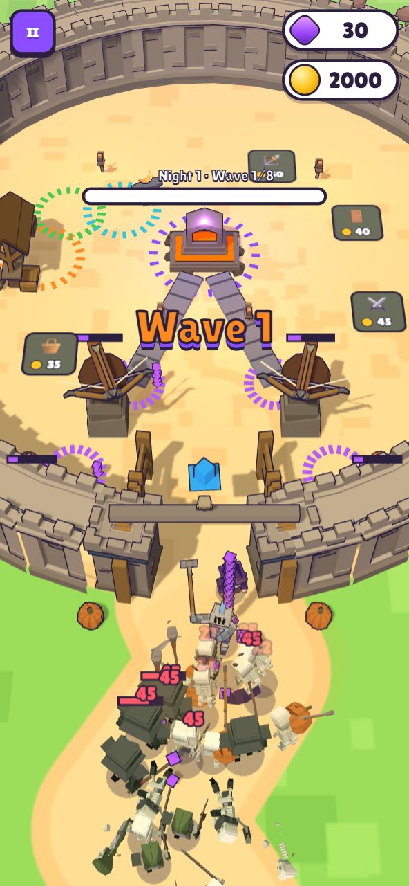 A built-up fort with stone walls, crossbow towers and a soul forge as the hero meets the first wave of undead at the gate.