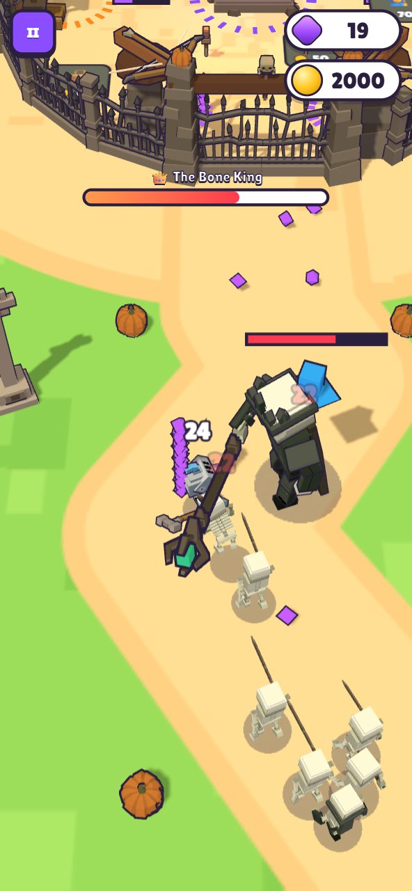 The hero battles the giant Bone King outside the graveyard gate while more skeletons march up the path, with the boss health bar at the top.
