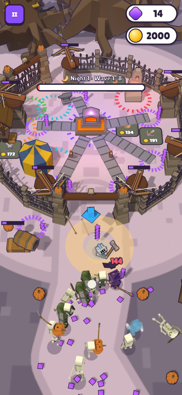 The hero swings a hammer at a mixed horde of undead outside the purple stone Black Keep, ringed with crossbows, cannons and a barracks tent.
