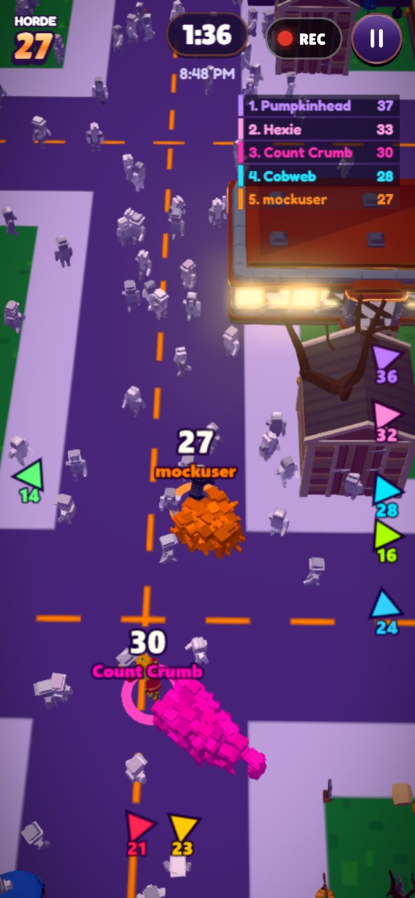 Two hordes meet on a moonlit road: the orange horde of 27 and a pink rival horde of 30 led by Count Crumb.