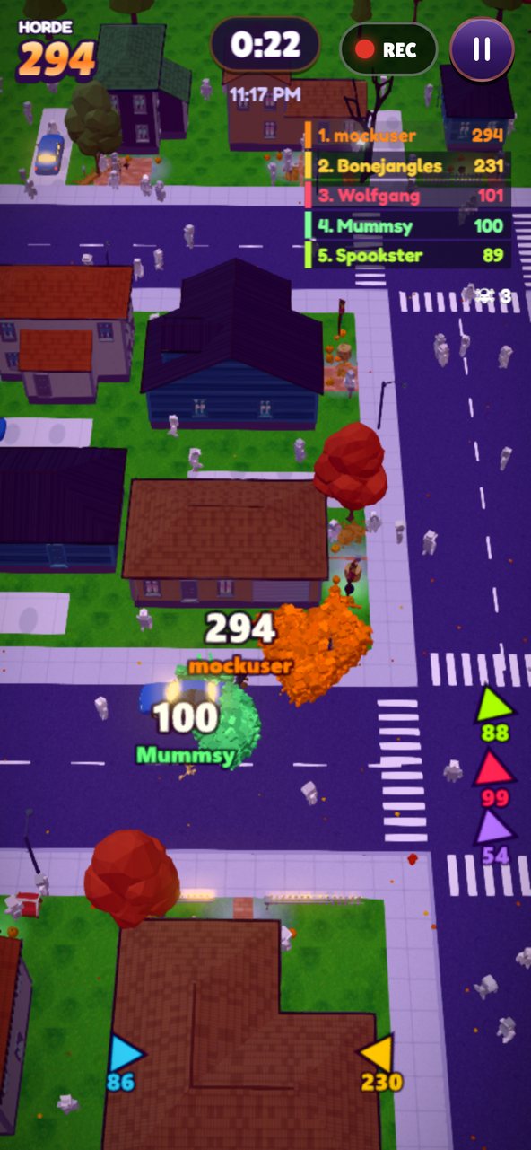 A 294-strong orange horde closes in on a smaller green horde of 100, about to swallow it whole.