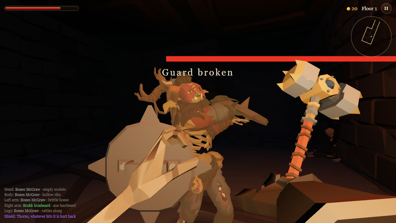 First person: breaking a goblin's guard with a stolen dwarf axe arm and spiked shield