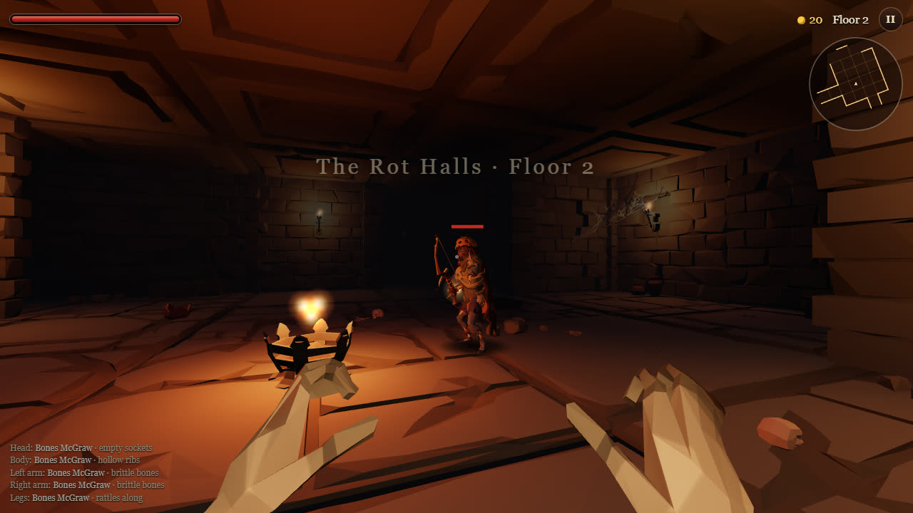 A goblin archer draws a flaming arrow in the Rot Halls on floor 2