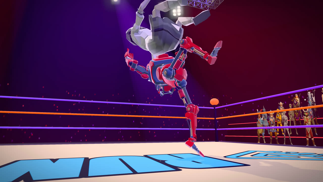 A red robot is flipped upside down by a huge suplex under the spotlights
