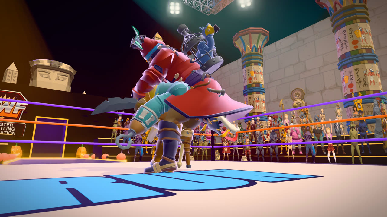 Two monsters tangle mid-slam in the Tomb of the Pharaoh arena