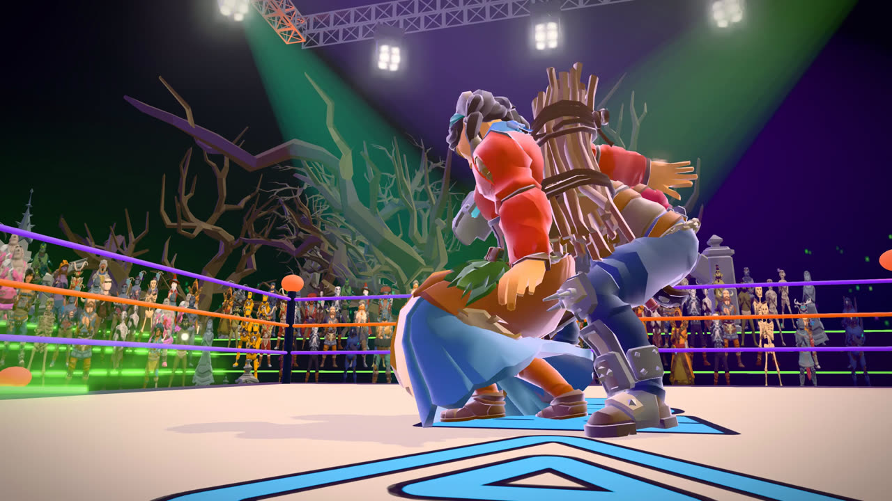 A scarecrow grapples a brute in the ring at the Graveyard Arena