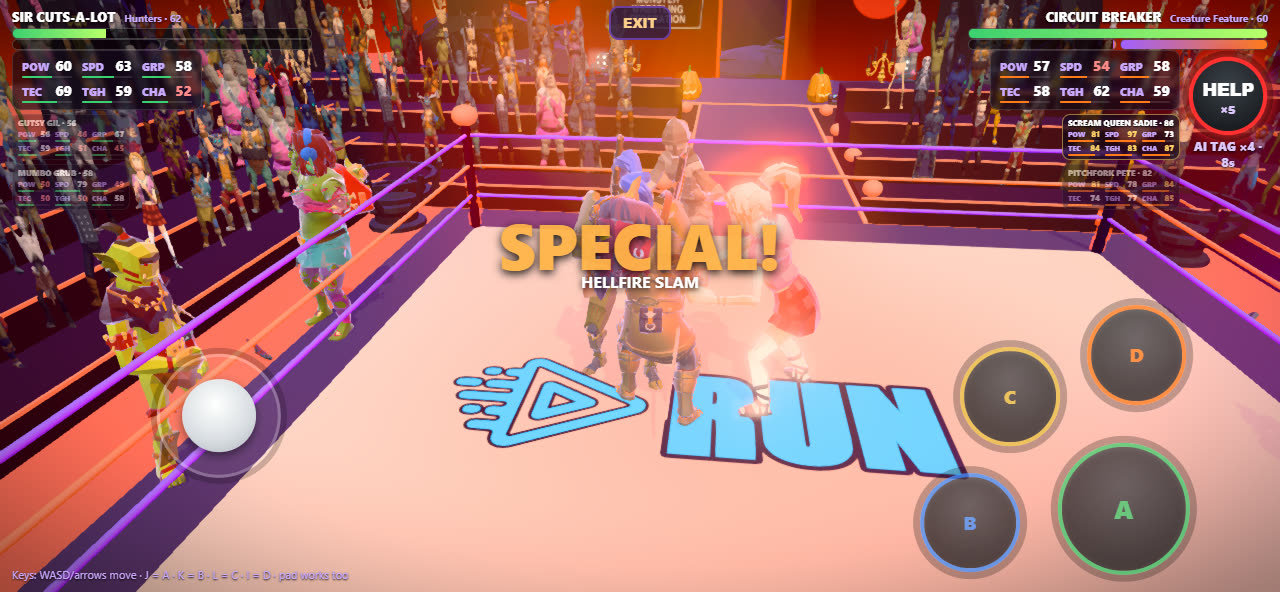 In-game view of a 3-on-3 tag match as a Hellfire Slam special lands