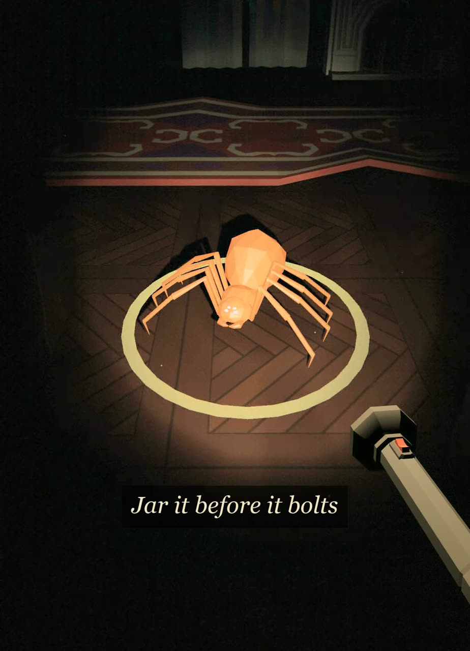 The glowing orange pumpkin spider frozen in the torch beam on a lounge floor