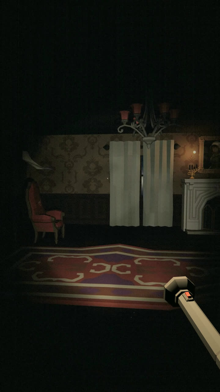 Torchlight across a Victorian lounge with a chandelier, fireplace and red armchair