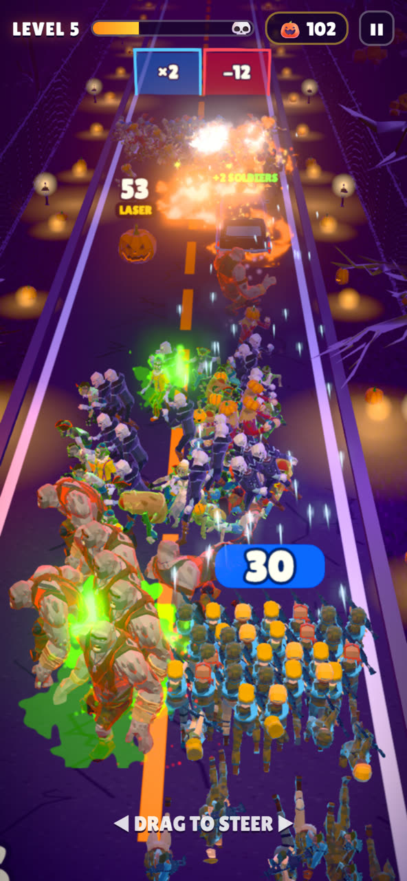 A 30-strong soldier squad blasts through a packed Halloween horde of zombies and brutes, with a ×2 gate and an exploding pumpkin barrel ahead