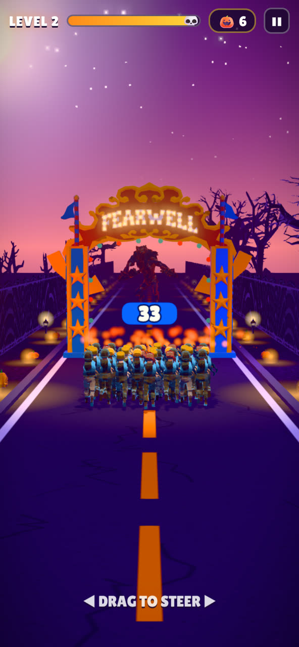 The squad marches through a lit carnival arch towards the boss waiting up the road