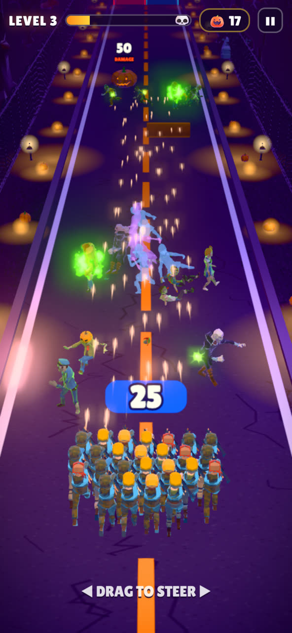 Tracer fire from a 25-soldier squad cuts down ghosts and costumed zombies, a numbered pumpkin barrel up ahead
